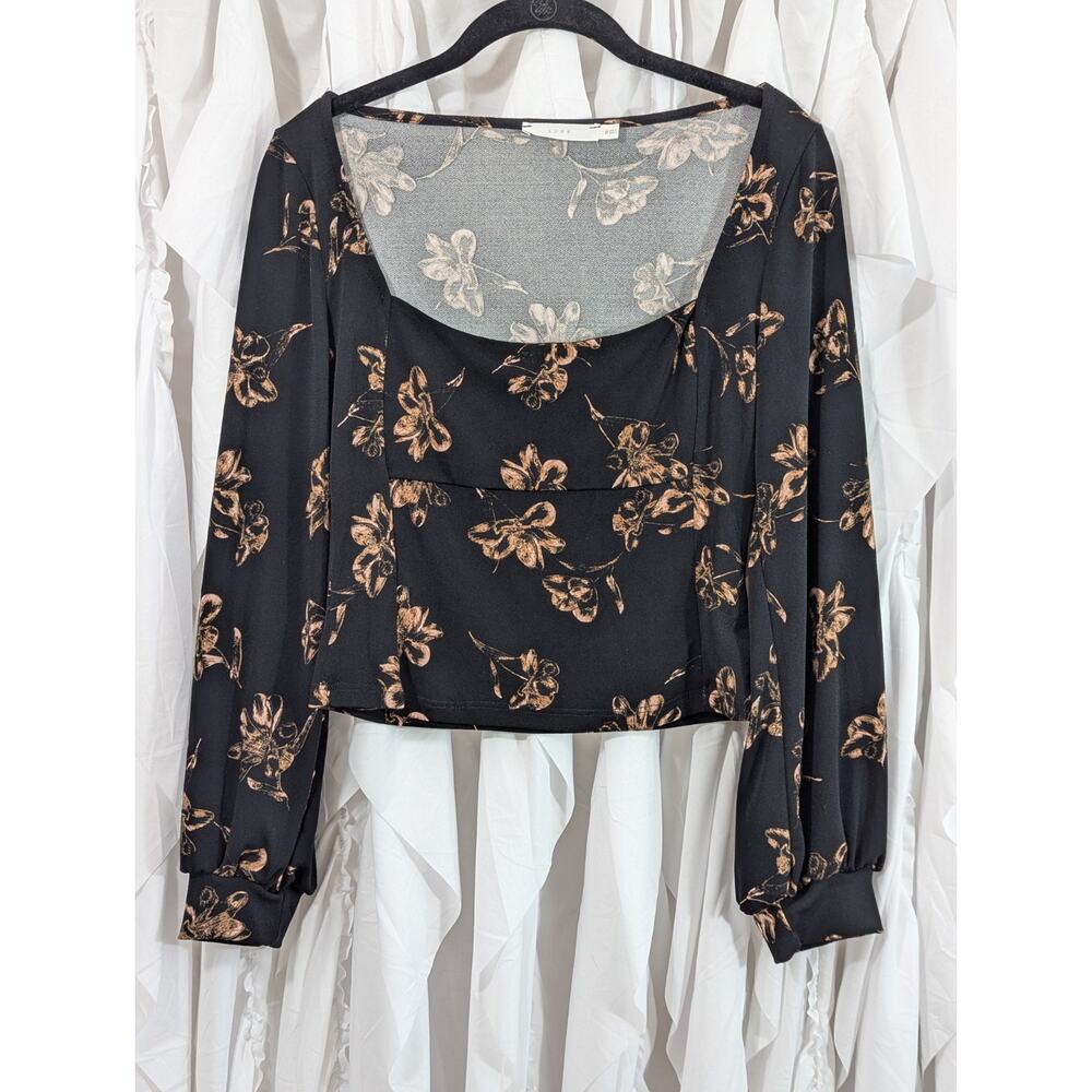 Lush Size M Naomi Squareneck Black w/Tan Floral Long Sleeves Cropped Knit Top - Picture 2 of 10